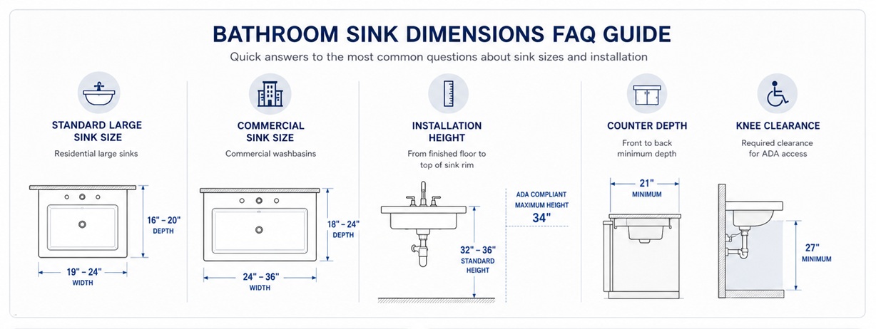 Bathroom sink dimensions FAQ guide illustrating standard sink sizes, installation height, counter depth, ADA clearance, and commercial bathroom sink measurements